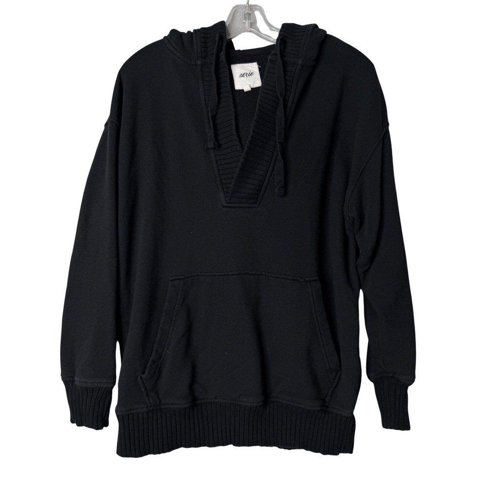 Aerie Down To Earth Henley‎ Hoodie Womens XS Black Relaxed Lounge Boho